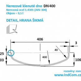 Nerezové klenuté dno| DN400 (406x3 mm), šikmá hrana