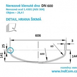 Nerezové klenuté dno| DN600 (606x3 mm), šikmá hrana
