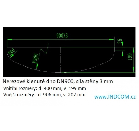 Nerezové klenuté dno DN900 (906*3 mm) - rozměry