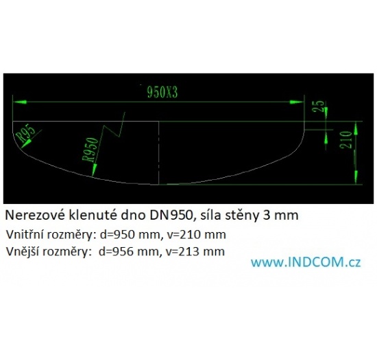 Nerezové klenuté dno| DN950 (956x3 mm) - rozměry