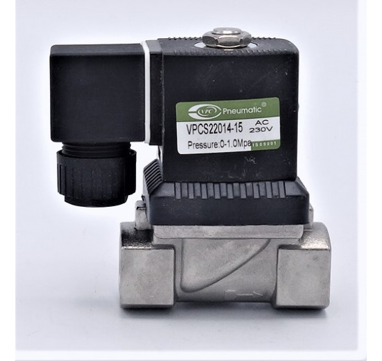 Nerezový elektromagnetický ventil 2/2, G 1/2", AC230V, NC, přímo řízený
