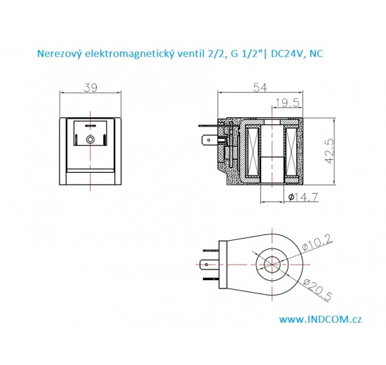Nerezový elektromagnetický ventil 2/2, G 1/2" DC24V, NC