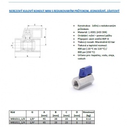 Nerezový kulový kohout MINI s redukovaným průtokem, jednodílný, závitový
