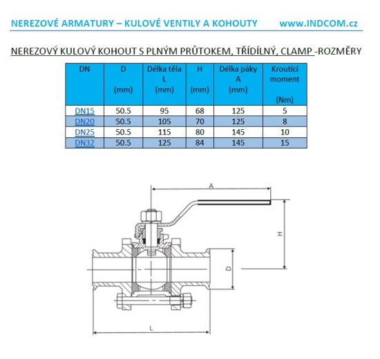 Nerezový kulový kohout s plným průtokem, třídílný, CLAMP DIN 32676 materiál DIN 1.4301 nerez ocel