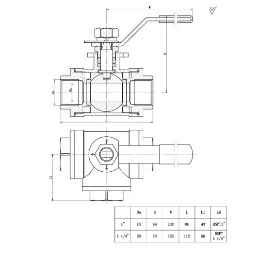 Nerezový kulový kohout, třícestný, závitový BSP-G 1", 1 1/4". Maximálně 69 bar (1000PSI).Vrtání T.