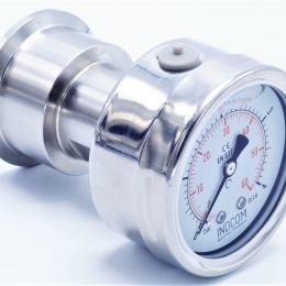 nerezový manometr s oddělovací membránou clamp (K50,5 mm), číselník 63 mm, zadní připojení, 0-4 bar