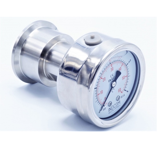 nerezový manometr s oddělovací membránou clamp (K50,5 mm), číselník 63 mm, zadní připojení, 0-4 bar