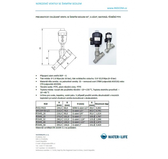 Pneumaticky ovládaný ventil se šikmým sedlem-45°, G-závit, materiál těsnění PTFE