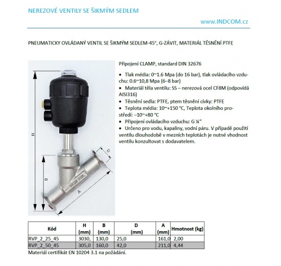 pneumaticky ovládaný ventil se šikmým sedlem DN25, clamp