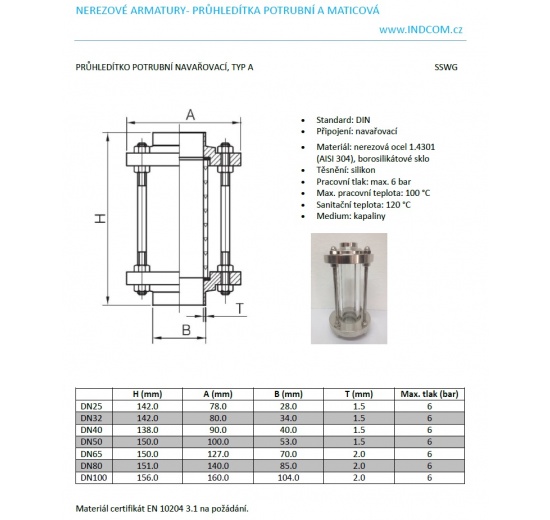 Průhledítko potrubní, navařovací S-S, typ A