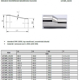 Redukce excentrické navařovací, dlouhé, nerez