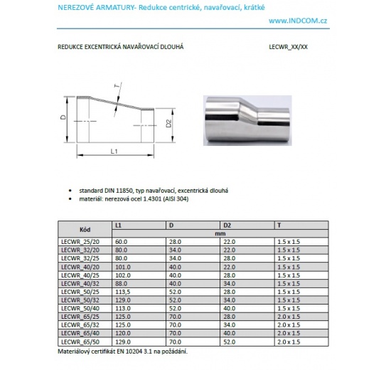 Redukce excentrické navařovací, dlouhé, nerez
