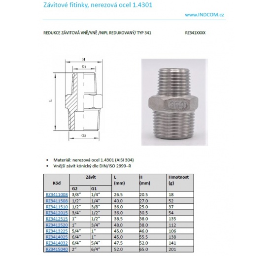 Redukce závitová VNĚVNĚ nipl redukovaný  typ 341 katalogový list