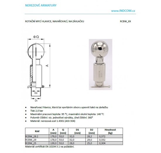 Rotační mycí hlavice, navařovací, na závlačku