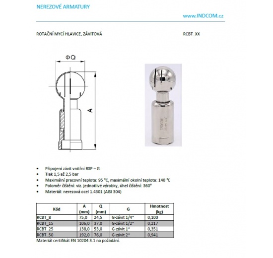 Rotační mycí hlavice, závitová