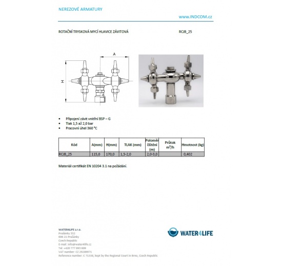 Rotační trysková  mycí hlavice závitová