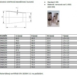 Rozměry Redukce centrická, navařovací, dlouhá DN 32/20
