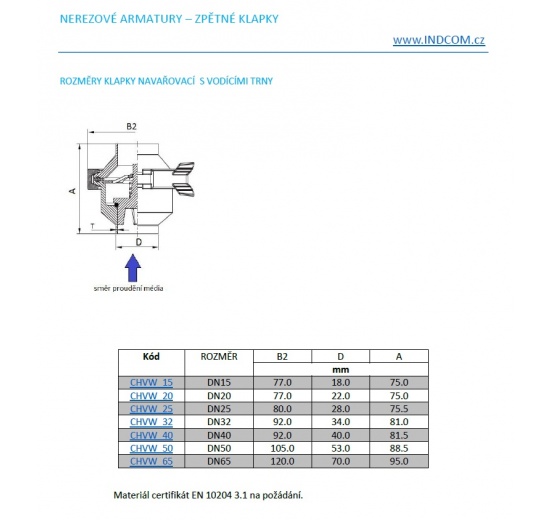 Sanitární zpětná klapka, navařovací S-S, DN50(52x1,5mm)