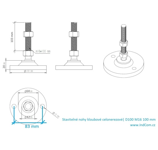 Stavitelné nohy kloubové celonerezové D100 M16 100 mm