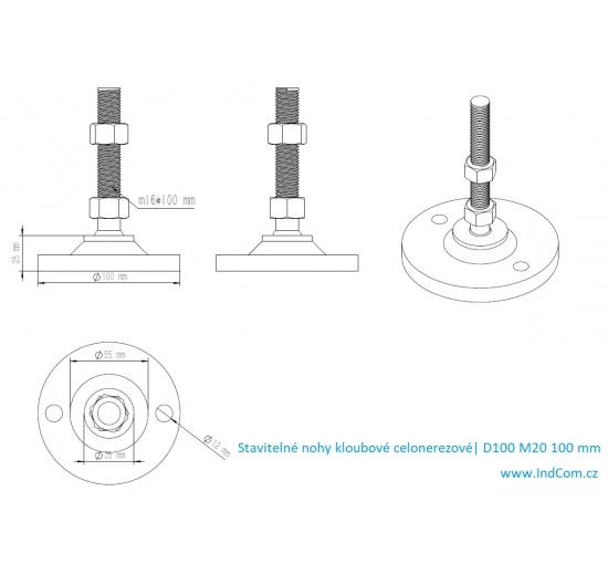 Stavitelné nohy kloubové celonerezové D100 M20 100 mm_rozměry