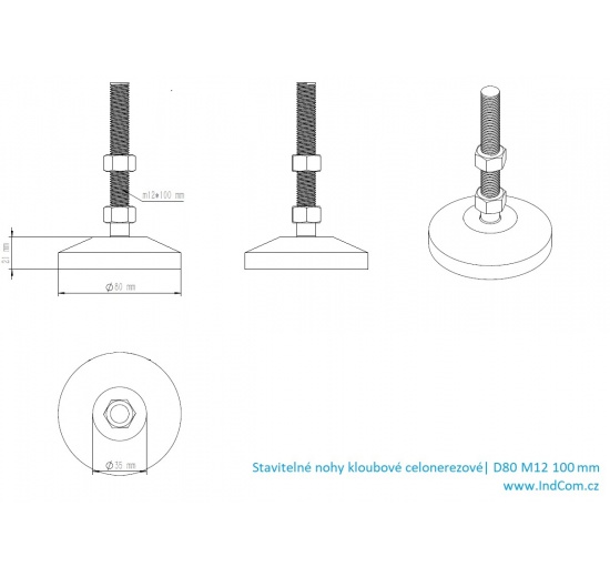 Stavitelné nohy kloubové celonerezové| D80 M12 100 mm_rozměry