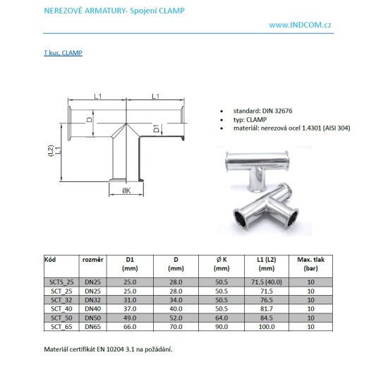 T kus, CLAMP  Potrubní spoje Spojení CLAMP DIN 32676