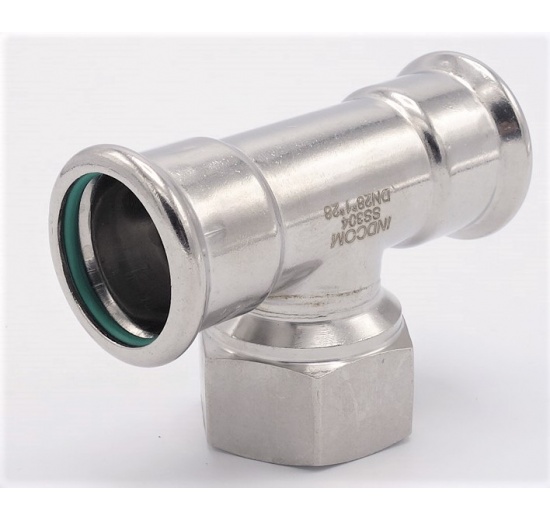 T-kus, lisovací F/F(závit vnitřní)/F 28_1"_28, nerezová ocel