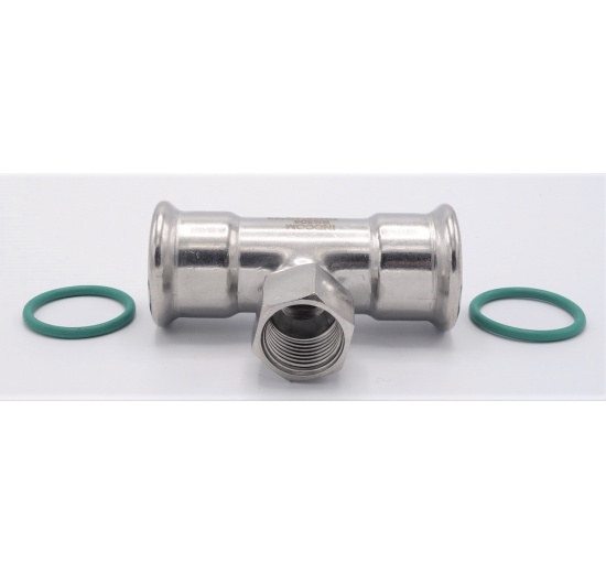 T-kus, nerezový, lisovací F/F(závit vnitřní)/F 28_1/2"_28