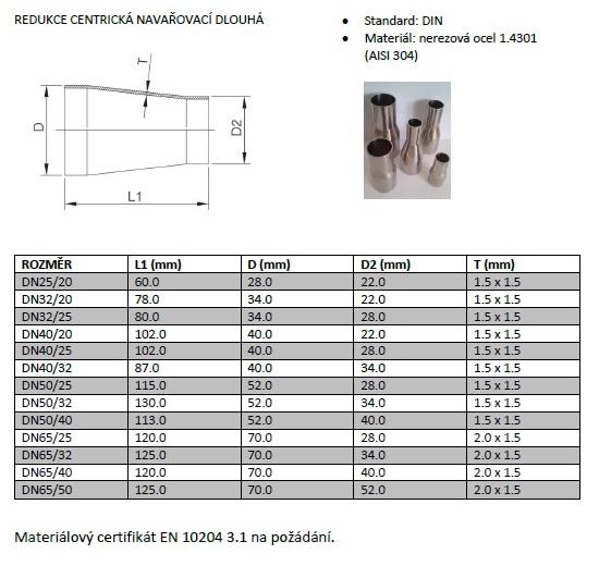 tabulka rozměrů Redukce centrická, navařovací, dlouhá DN 25/20
