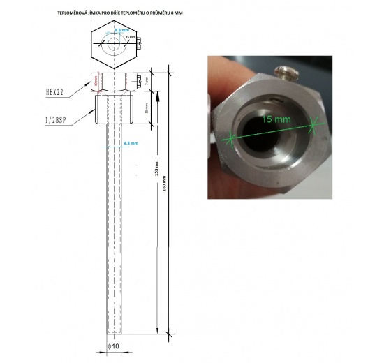 Teploměrová jímka, délka 150 mm, závit 1/2"