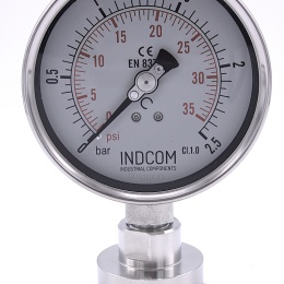 Tlakoměr, číselník 100 mm (spodní připojení), s oddělovací membránou CLAMP DIN32676, límeček 64 mm