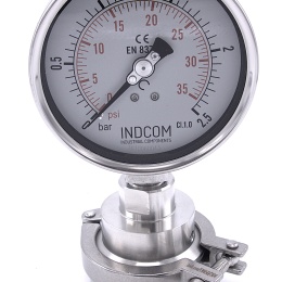 Tlakoměr, číselník 100 mm (spodní připojení), s oddělovací membránou CLAMP DIN32676, límeček 64 mm