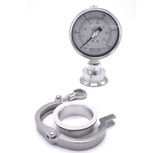 Tlakoměr, číselník 100 mm (spodní připojení), s oddělovací membránou CLAMP DIN32676, límeček 64 mm