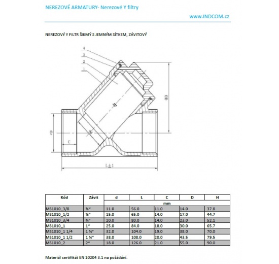 Y filtr nerezový závitový_katalogový list